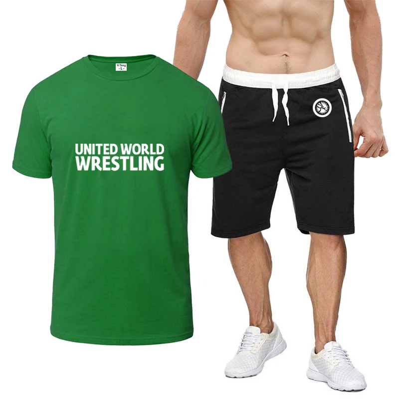 United World Wrestling UWW Tailored Fit Shaped And Durable Premium Ice Silk Round Neck Short Sleeve T-shirt Pants Suits