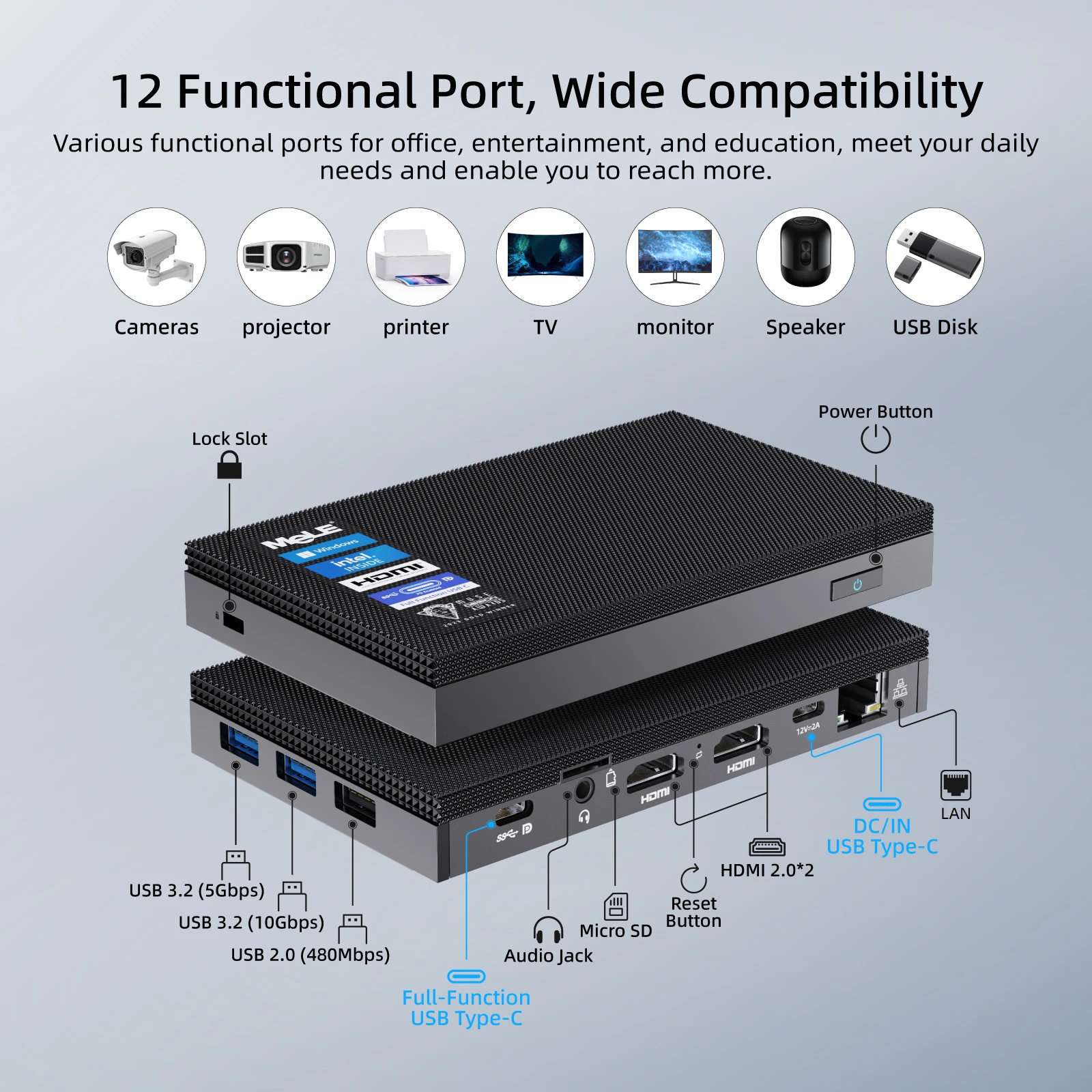 Imagem -03 - Mele Quieter 4c Fanless Slim N100 Mini pc Computador Desktop Lpddr4x Windows 11 Pro 8gb 16gb 128gb 256gb 512gb Pequeno Computador de Jogos Usb tipo c Dual Lan Três Ecrãs 4k Independentes