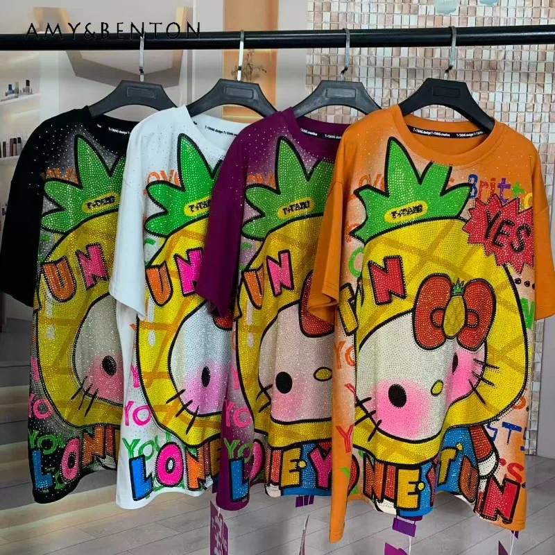 

Осень 2022, новые футболки для тяжелой промышленности с фруктами и бриллиантами, модные милые возрастные футболки средней длины с короткими рукавами