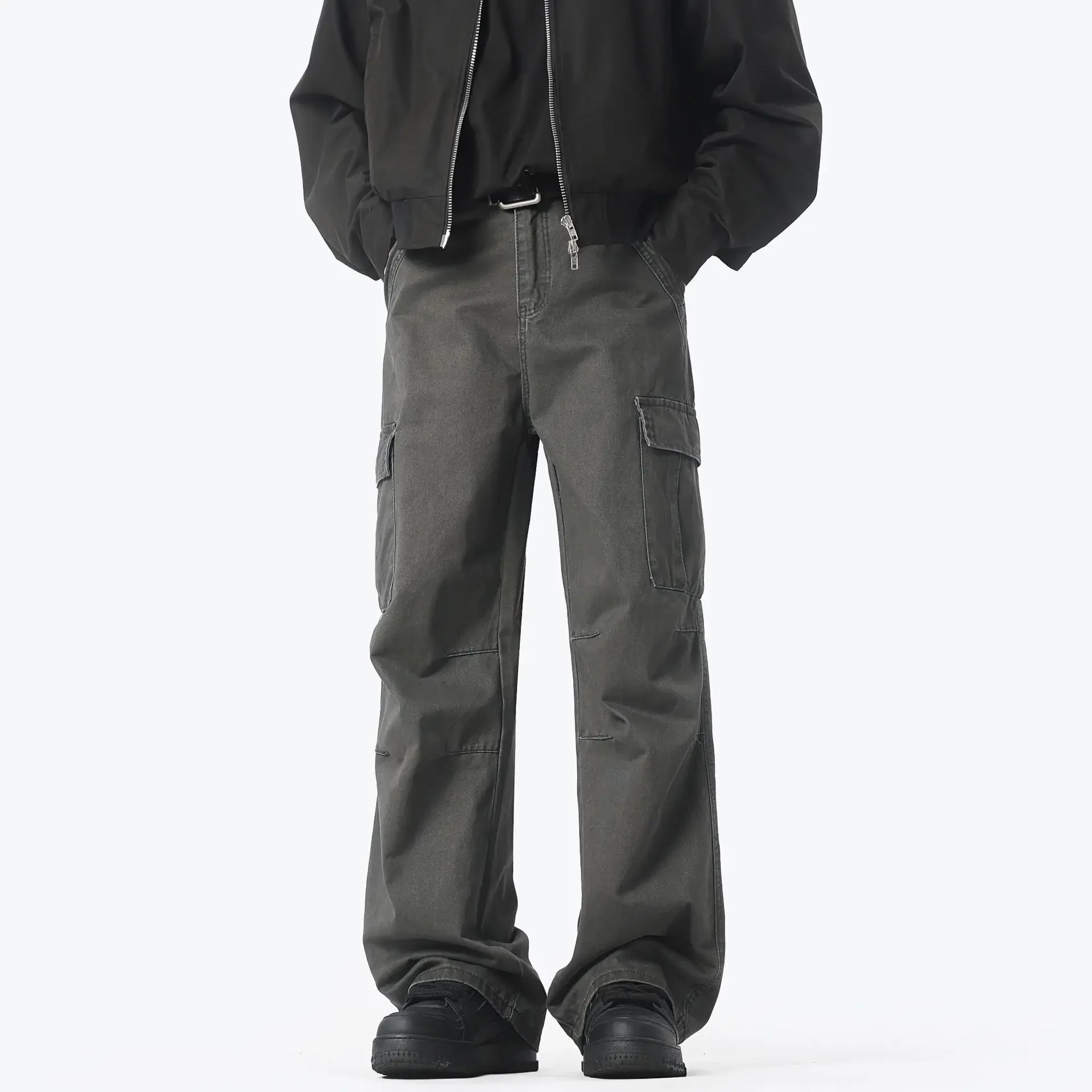 

Men Cargo Pants Ankle Length Pant Loose Fit Zipper Fly Solid Mid Waist Pockets Spring Casual Sports Slight Strech Spliced Male