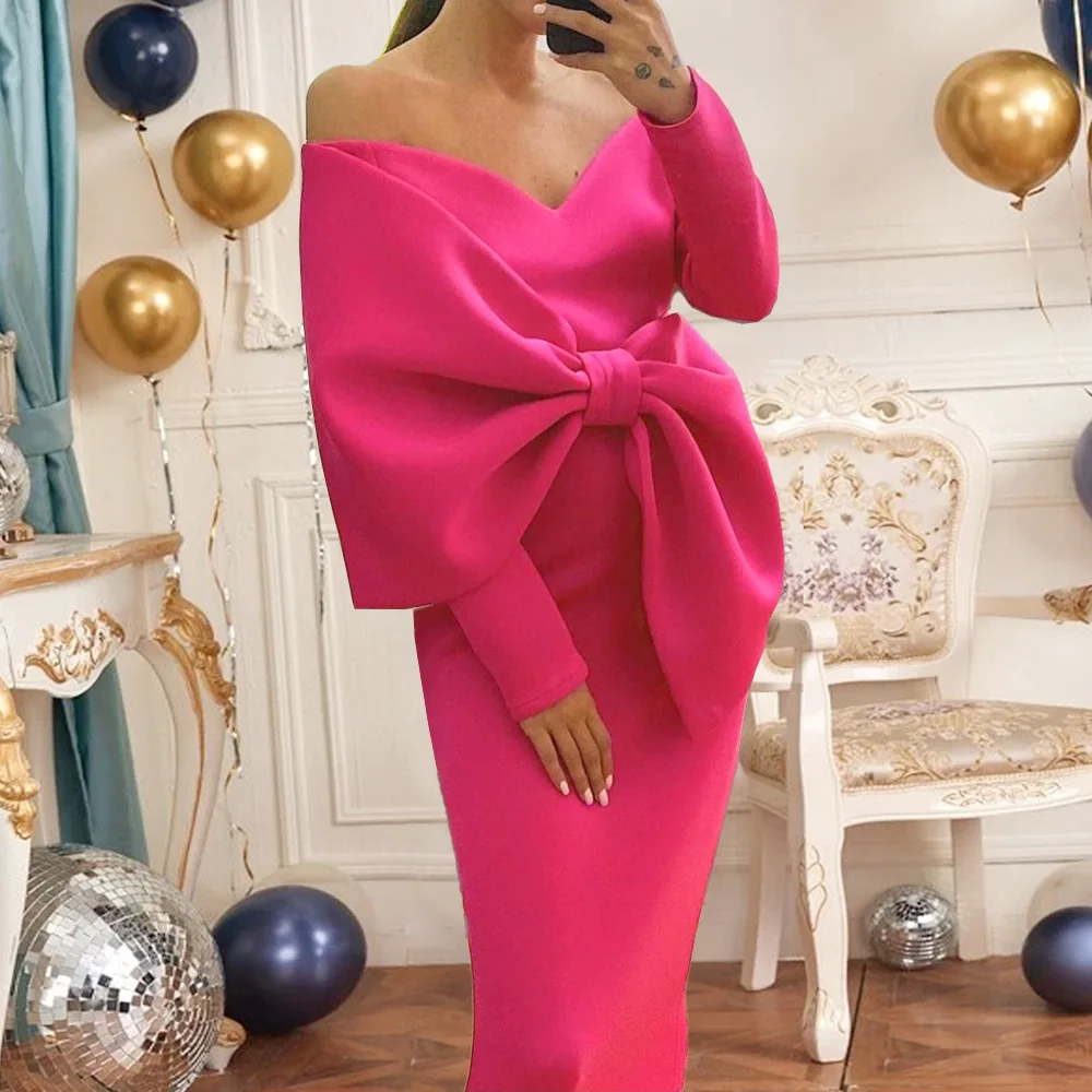 

Elegant Summer African Long Sleeve V-neck Polyester Rose Red Wedding Party Long Dress Maxi Dress African Dresses for Women