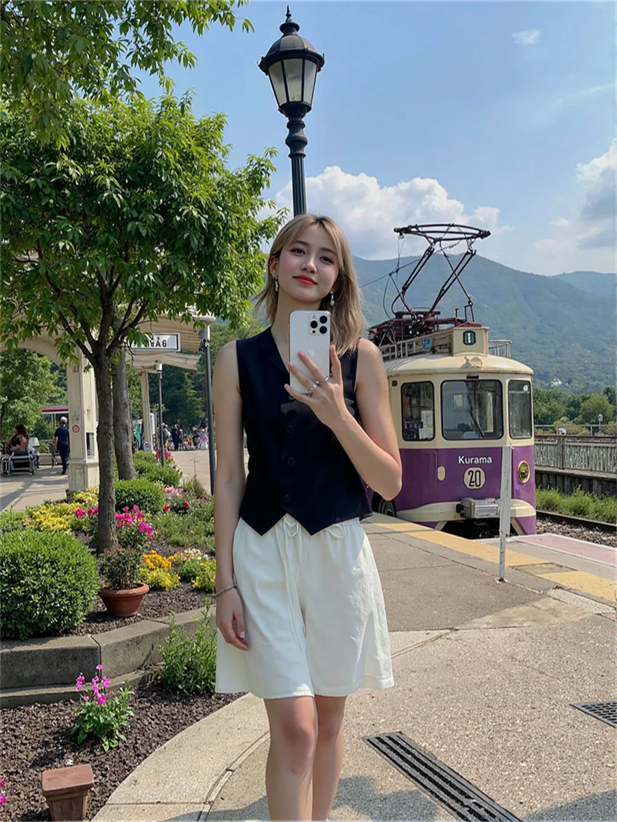 Women'S Waistcoats Crochet Vests Woman V-Neck Loose Fit Summer Kawaii Japanese Style Cute Harajuku Fashion Teen Girls Ulzzang