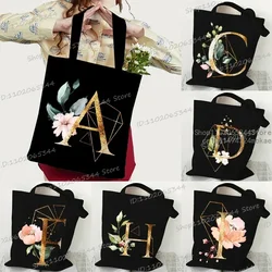 Bolso de lona con estampado de plantas doradas, bolso de hombro para mujer, bolso de compras con letras florales a la moda, bolso de mano para mujer, bolso de mano con alfabeto