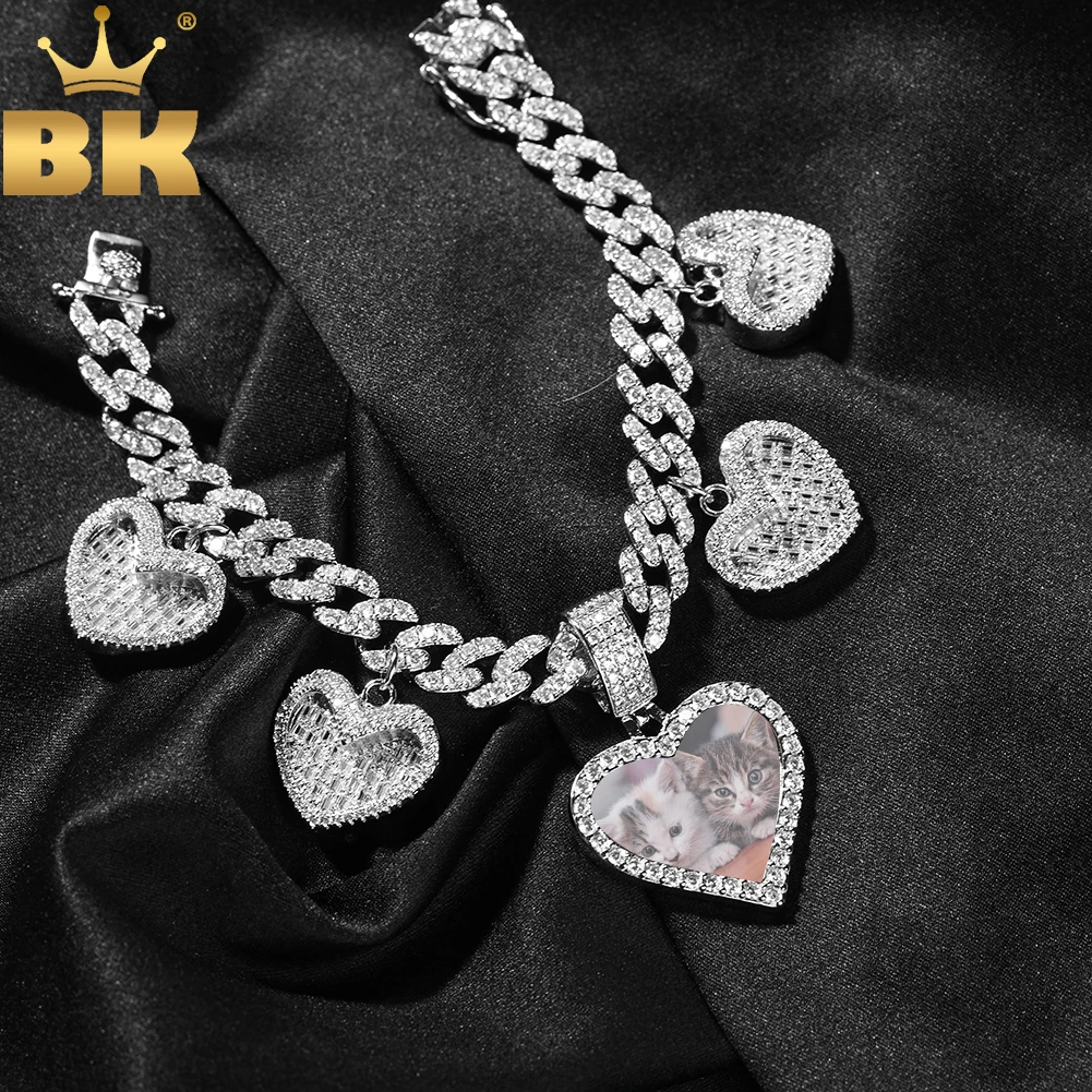 

THE BLING KING Custom Heart Photo 9mm Miami Cuban Bracelet Iced Out BaguetteCZ 4 Hearts Anklet Hiphop Jewelry For Memory Gift