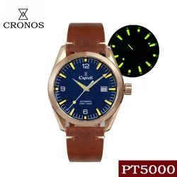 Cronos 42mm Watches For Men Bronze CuSn8 Men Watch PT5000 Movement Automatic New Hands Sapphire Crystal Leather Rubber Strap