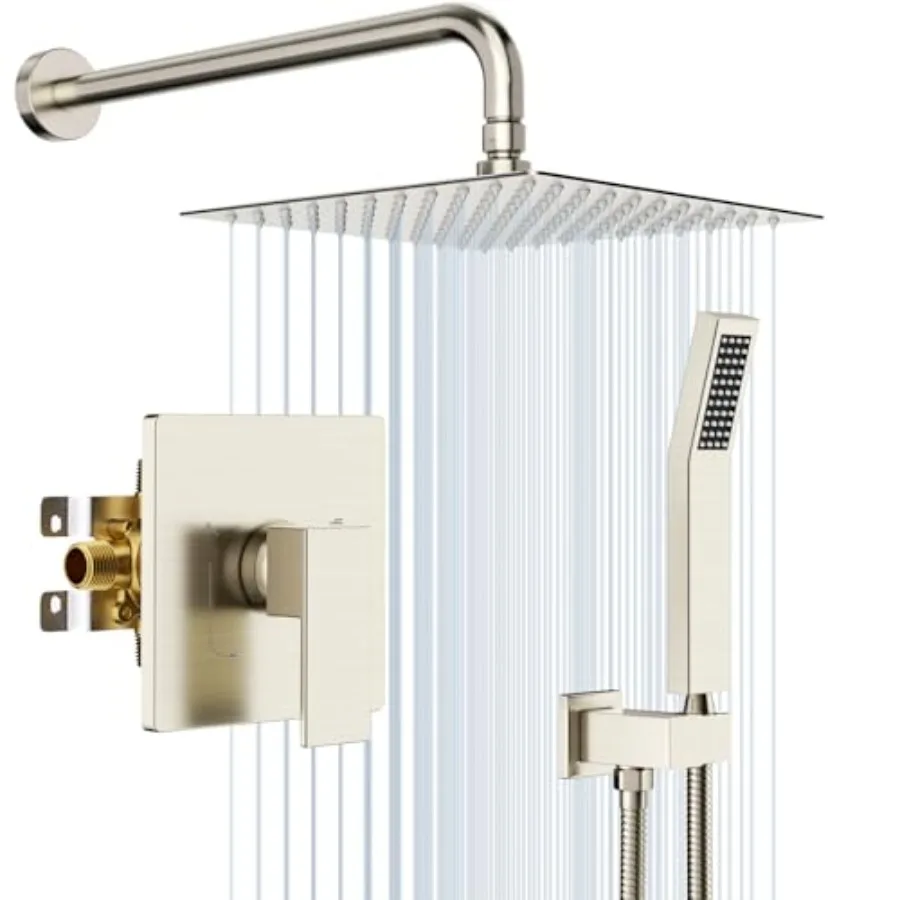 

Shower System for bathroom use, brass construction, brushed nickel finish, includes rain shower head and handheld spray combo w