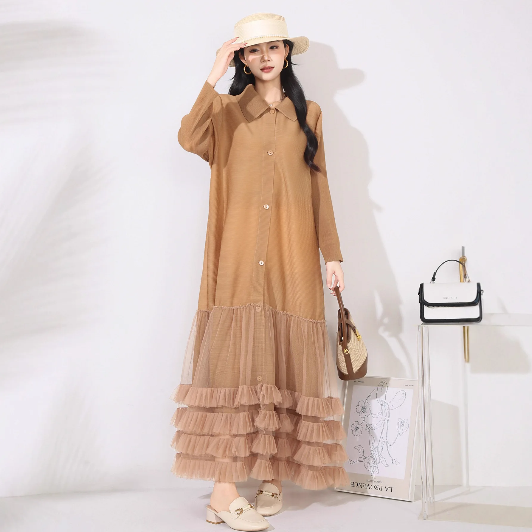 

Miyake Loose Age-reducing Dress Women's Fashion Temperament Lapel Single-breasted Splicing Solid Color Long Cardigan Skirt