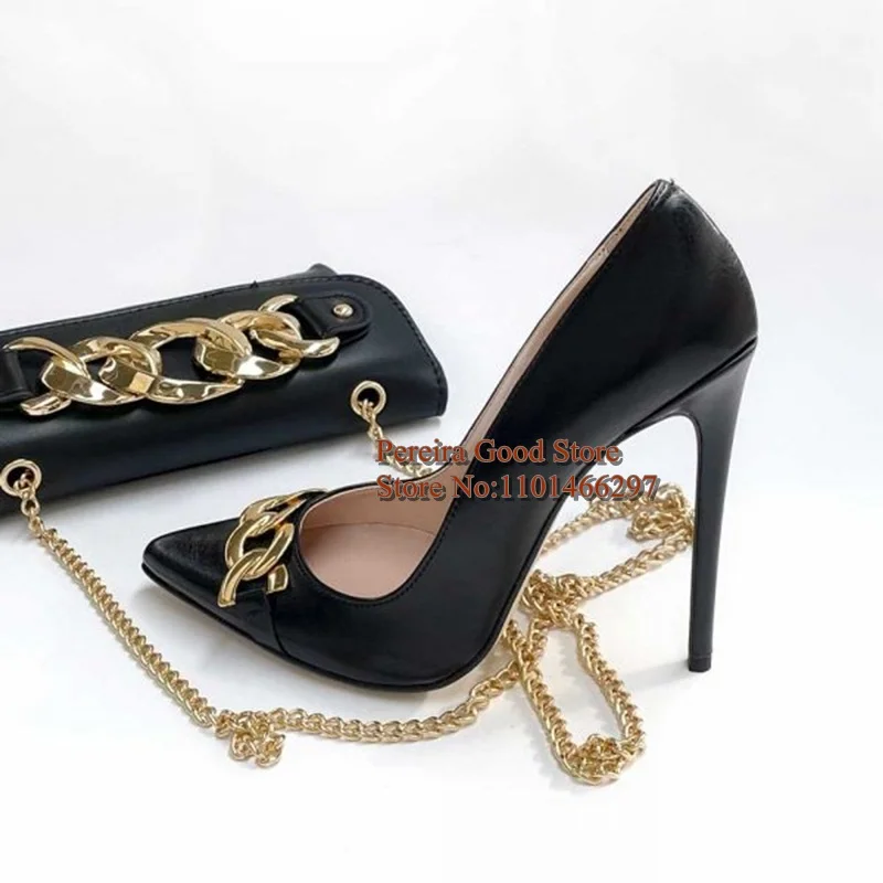 

Gold Chain Decor Women Pumps Brown Black Matte Leather 12CM 10CM 8CM Stiletto High Heels Banquet Dress Shoes Size 46