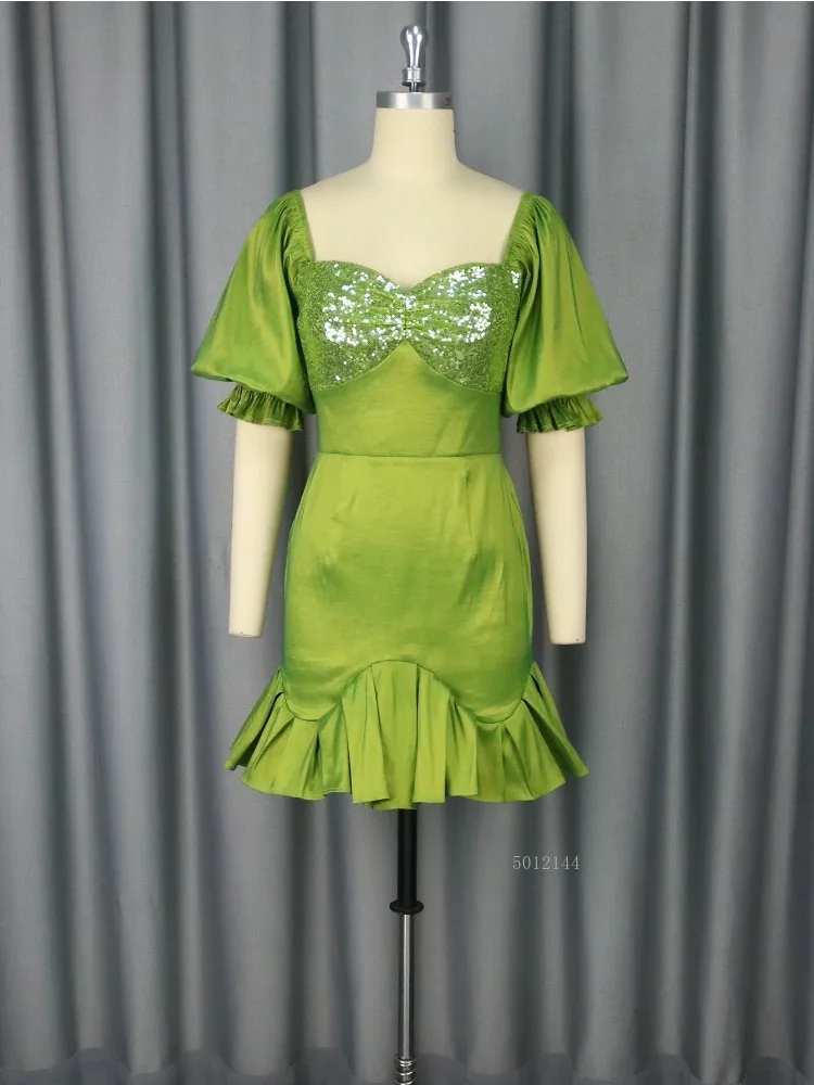 

Elegant bubble sleeve party dress sequins stitching ruffle banquet bag hip evening dress