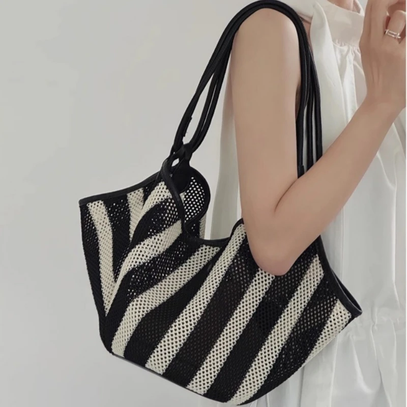 Large Volume Black and White Stripes Tote Bag Bohemian Handmade Hollow Out Design Women's Vacation Beach Shoulder Bag 2024 New