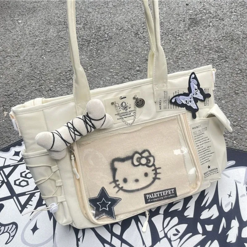 Miniso Sanrio Hellokitty Jk Pain Bags Transparent Pockets Kwaii Lolita Ita Bags Chain Decor Y2k Shoulder Bags Harajuku Bag Girls