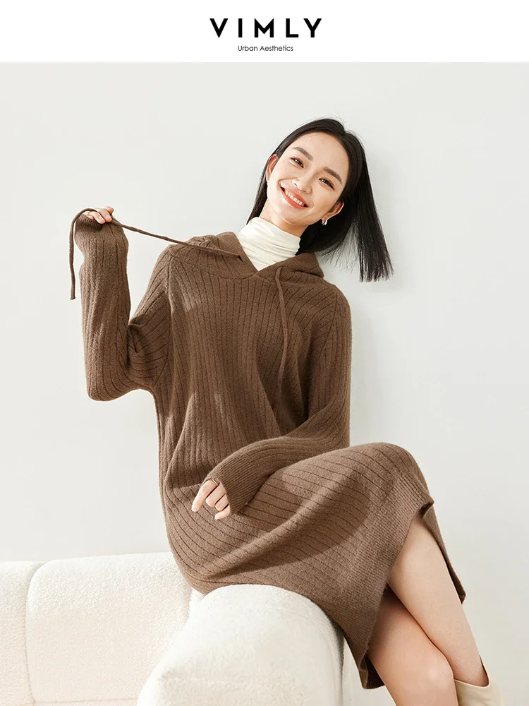 Vimly Knitted Hooded Sweater Dress 2023 Winter Thick Long Sleeve Pullover Midi Dresses Casual Loose Knit Woman Clothing 16380