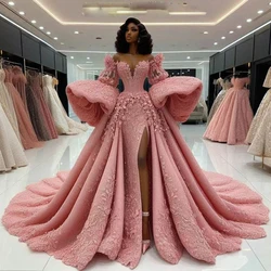 Charming Pink Lace Prom Dresses Trumpet Long Sleeves 3D Appliques Puffy Evening Gowns Sexy High Split Women Party Dress