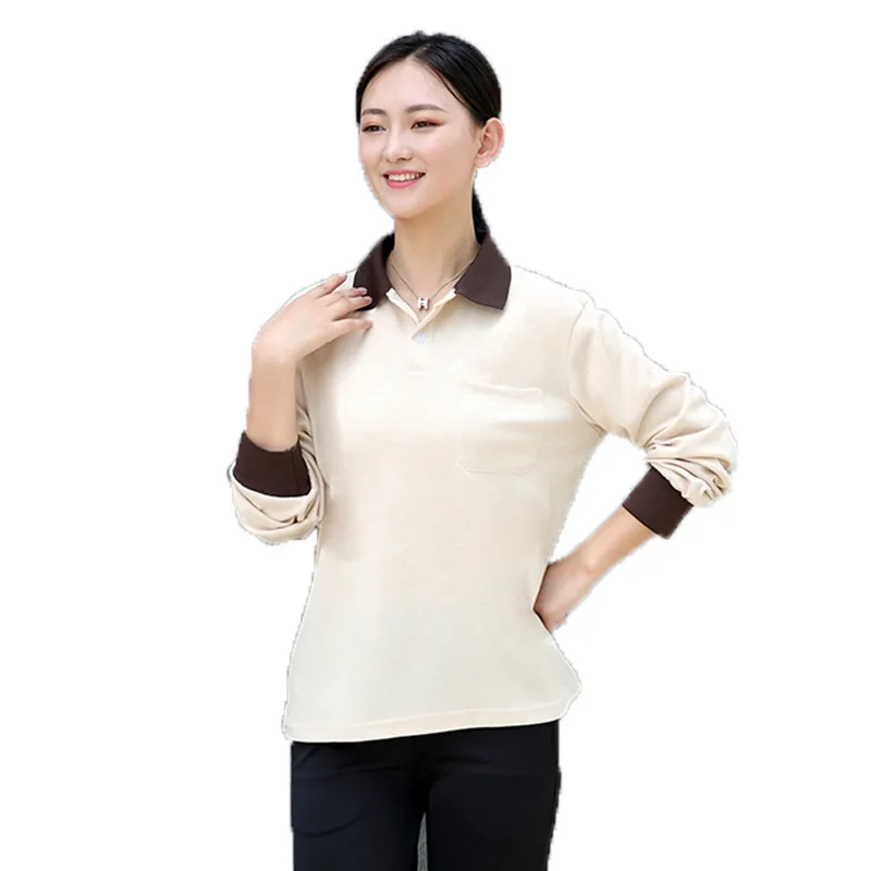 Uniforme de trabalho de limpeza de atendente de hotel com gola virada para baixo e camiseta de tecido de algodão de mangas compridas para homens em catering, chá com leite