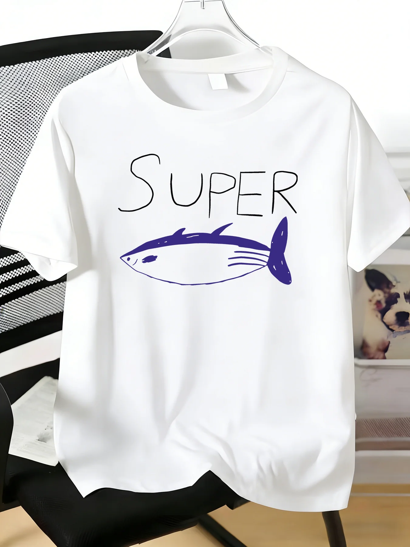 Mens Crew Neck Cotton Short Sleeve Tee Super Letter Purple Tuna Outline Print Ocean Lover Daily Urban Male Summer Casual Tops