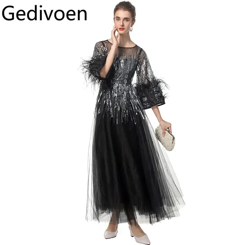 Gedivoen, vestido de baile elegante y precioso para mujer, vestido de malla con lentejuelas, plumas de manga larga, vestidos de noche de fiesta de otoño e invierno