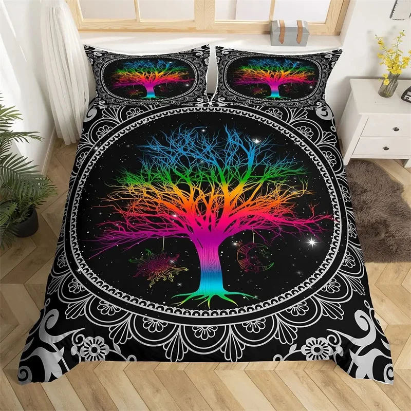 Moon and Sun Duvet Cover Black and White Bedding Soft Tree of Life All Galaxy Stars Mandala Tribal Quilt Cover Decor for Women