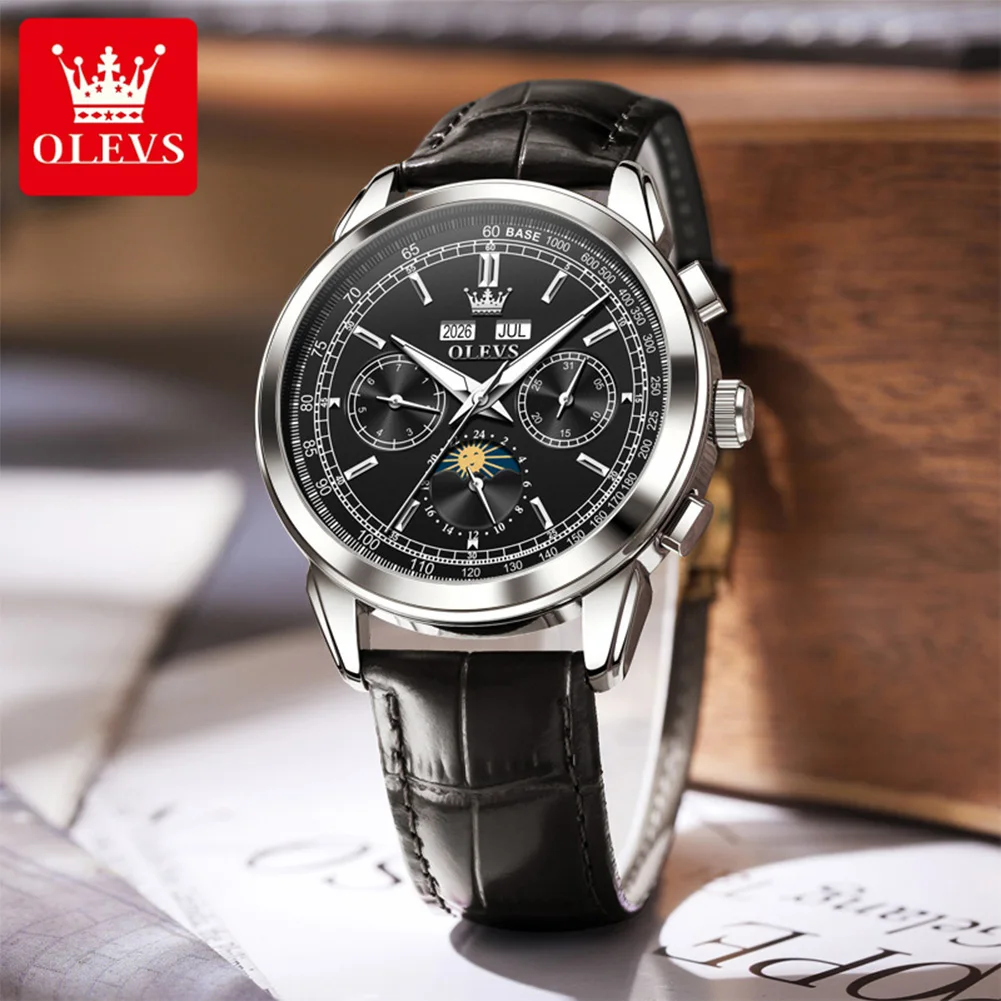

Мужские часы OLEVS 7117, роскошные, премиум-класса, с кожаным ремешком, многофункциональные, с вечным календарем, автоматические, механические.