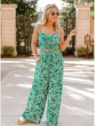 Women's Fashion Print Halter Sexy Short Top + Wide Leg Pant Suit Summer Casual Simple Sweet About Elegant Female Pant 2piece Set