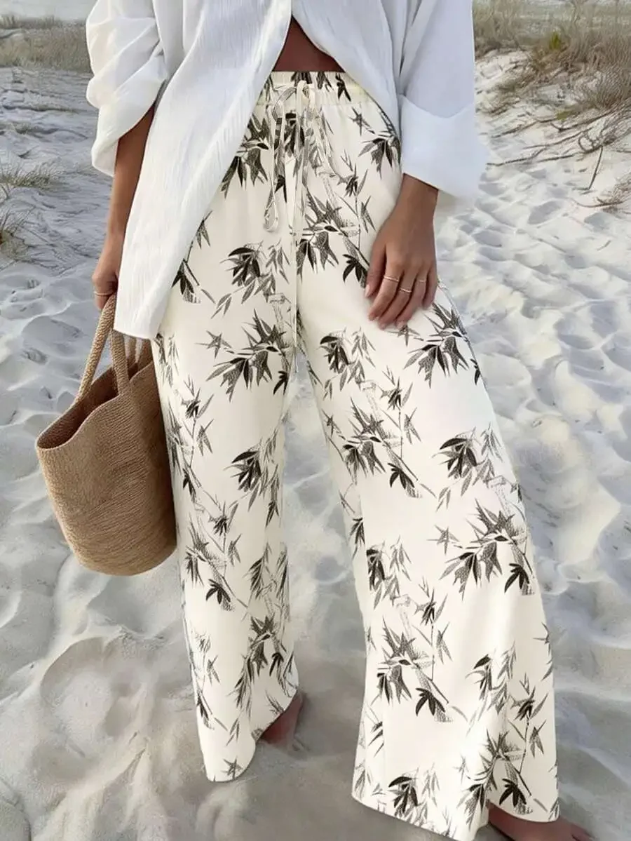 Breezaya Plus Size Women's Satin Printed Pants, Spring/Summer