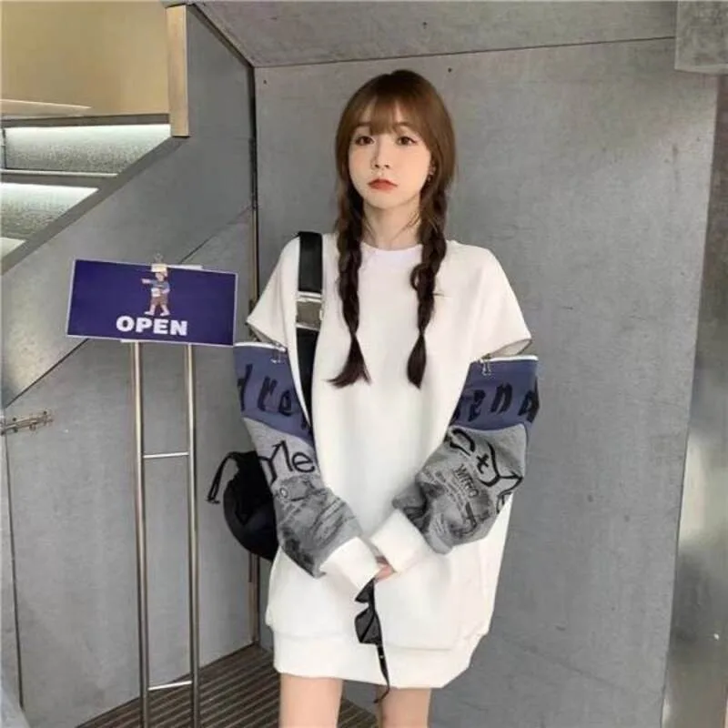 

White Long Female Clothes Sweatshirts for Women Tops with Orint on Pullovers Korean Streetwear Basic 90s Vintage 2000s Emo M