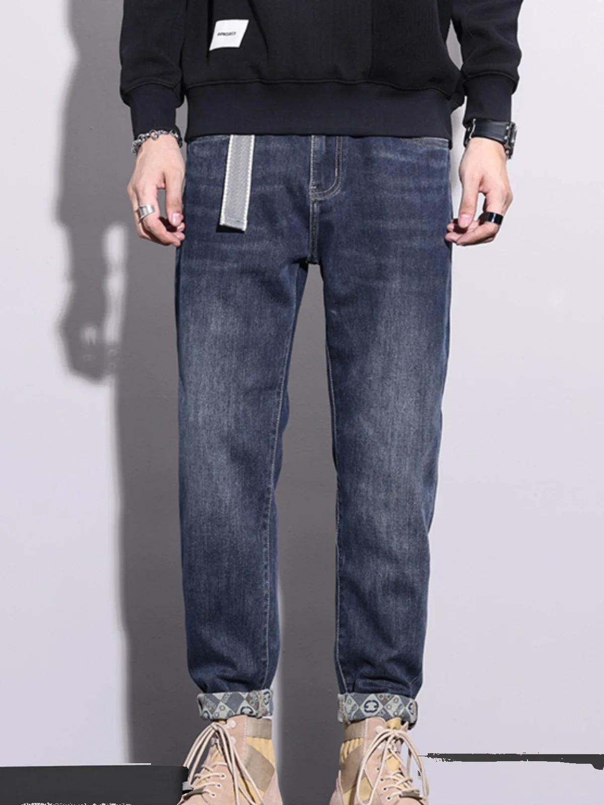 

High-End Men's Slim Fit Stretch Denim Jeans Inner Print Casual Blue Cotton Elastic Autumn Winter New Sle Comfortable Long P...