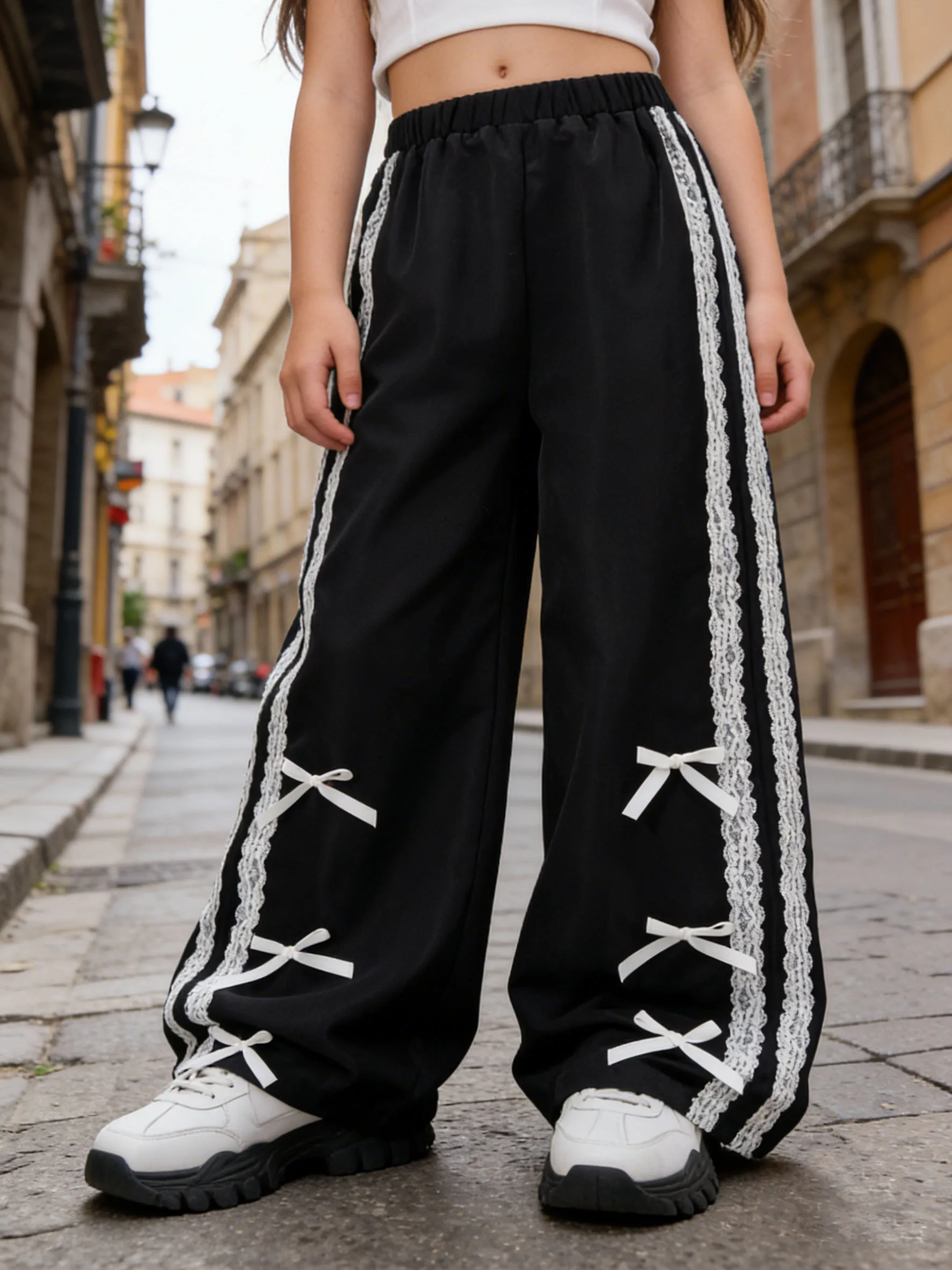 Girls' fashionable long pants for spring and autumn, girls' outdoor casual lace webbing and bow decoration casual pants