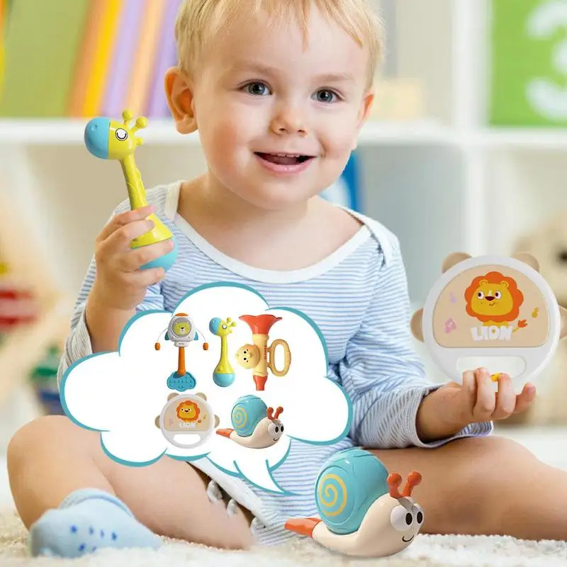 Mainan alat musik anak, instrumen anak goyang, Teether sensor 5 buah, instrumen musik, Set mainan Belajar Dini