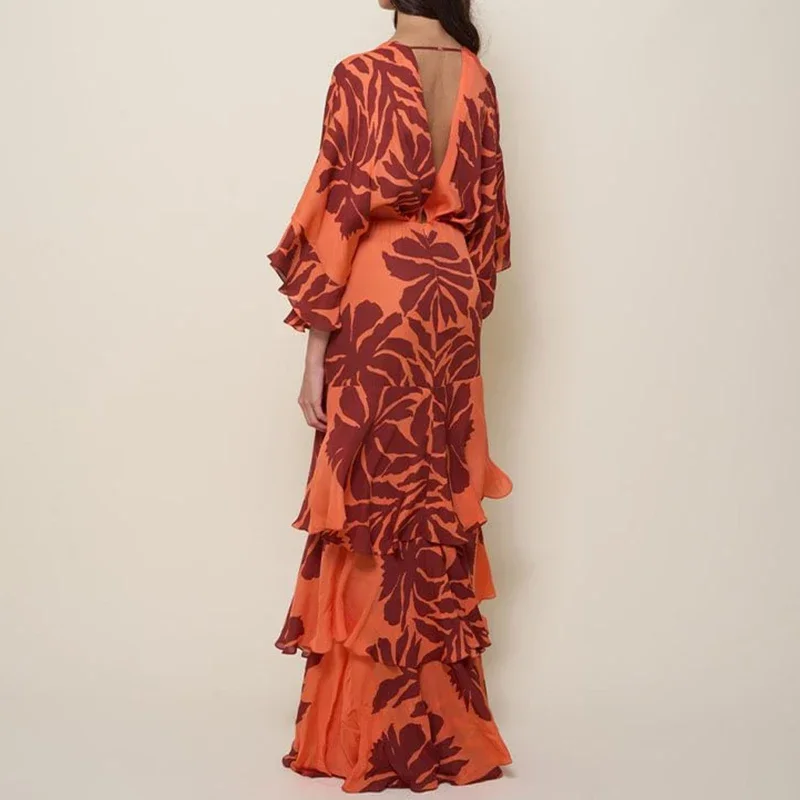 Flaxmaker 2025 뉴 여름 여성 섹시한 롱 드레스 프릴 Dolman 슬리브 프린트 드레스 Bandeau Blossom Print Sundress