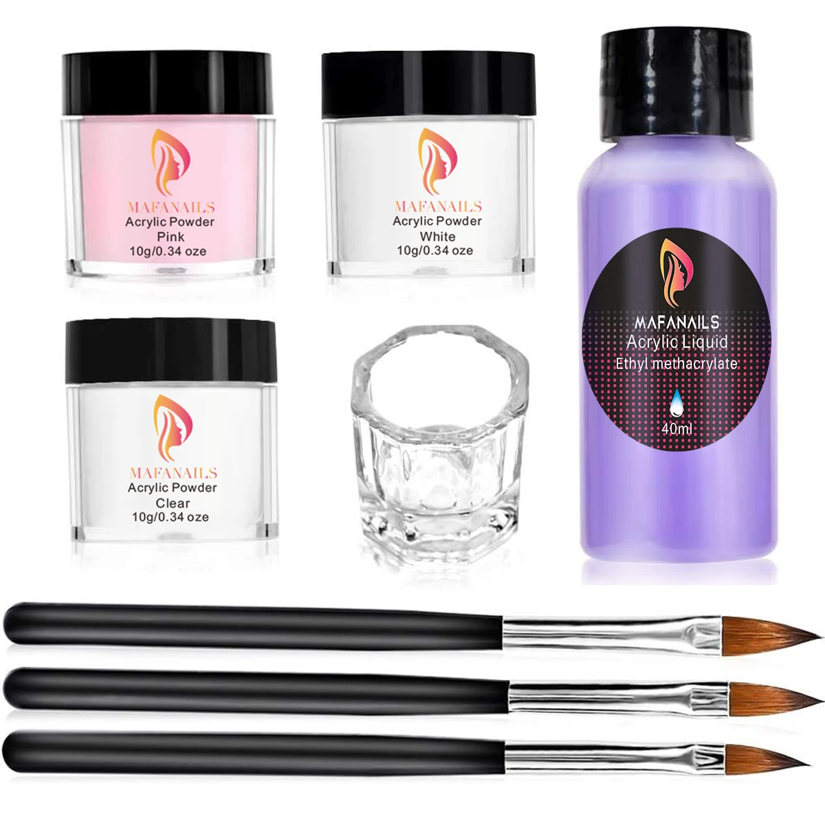 8 Stuks/Kit Acryl Poeder & Vloeibare Set 10G * 3jar Acryl Poeder + 40Ml Acryl Vloeistof + 3 Stuks Acryl Pen + Glazen Beker Diy Extension Poeder