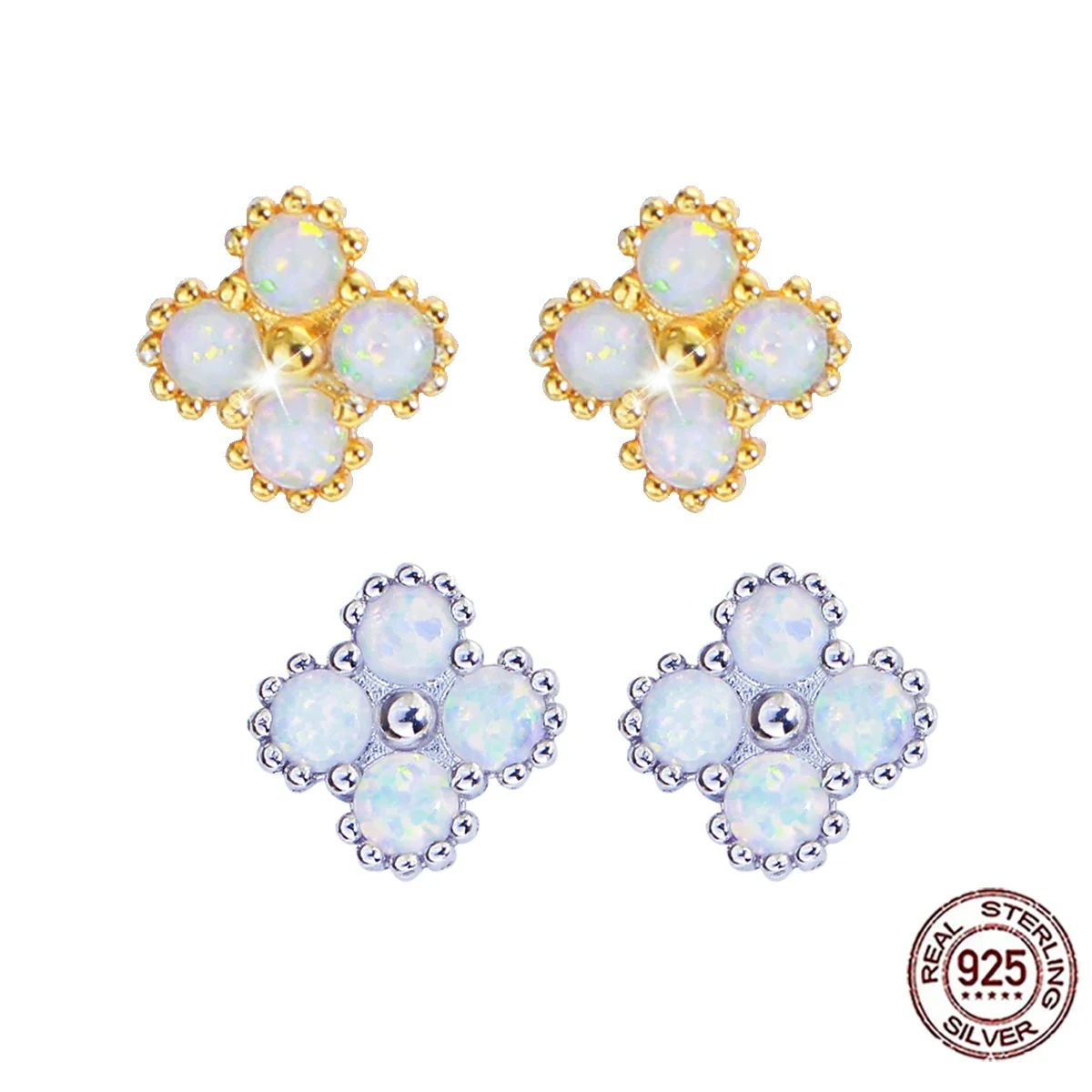 Qoolady 925 Sterling Silver Lucky Four Leaf Clover Synthetic Opal Stud Earrings Fine Jewelry Se209