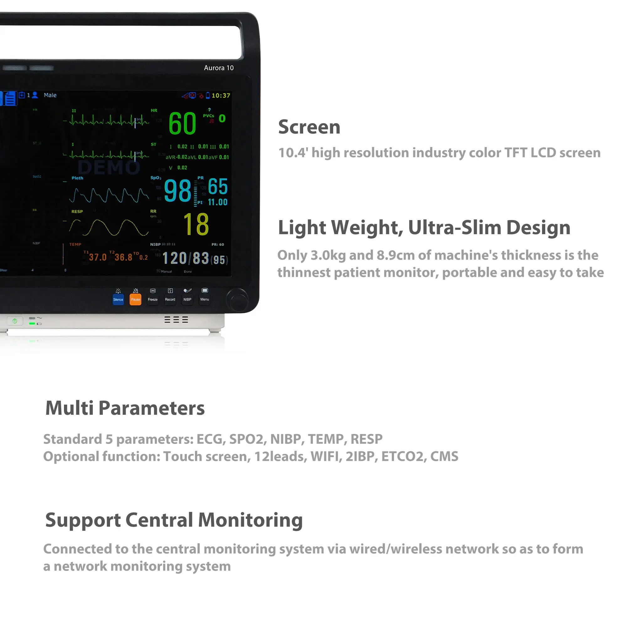 Veterinary Patient Monitor Multiparametric Signos Vitales 6 Parameters, Can be Controlled Suitable for Pet Dog, 10.4 Inch Screen