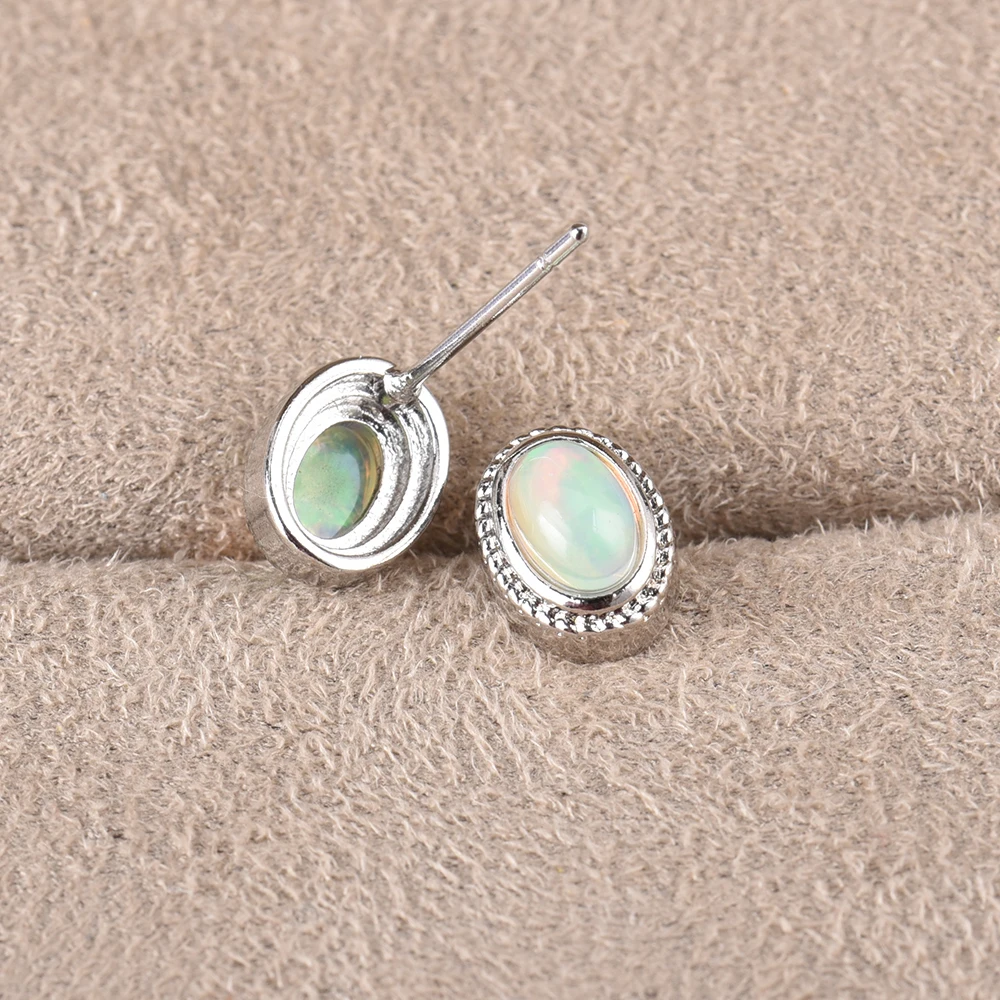 ITSMOS Natural Opal Earrings Silver Post Oval Cube Natural Gemstone Studs Twisted Lace Piercing Earrings for Women Gift