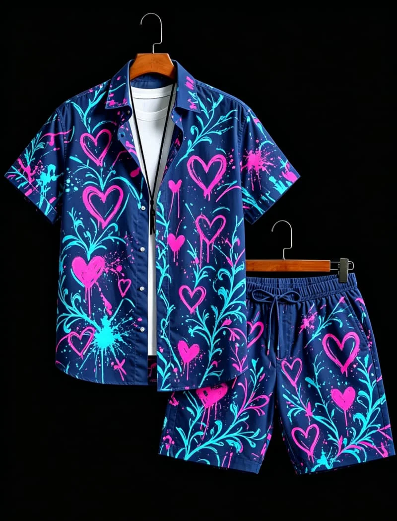 Ensemble chemise et short pour homme, style graffiti, manches courtes, idéal pour les voyages à la plage et une ambiance graffiti rétro.