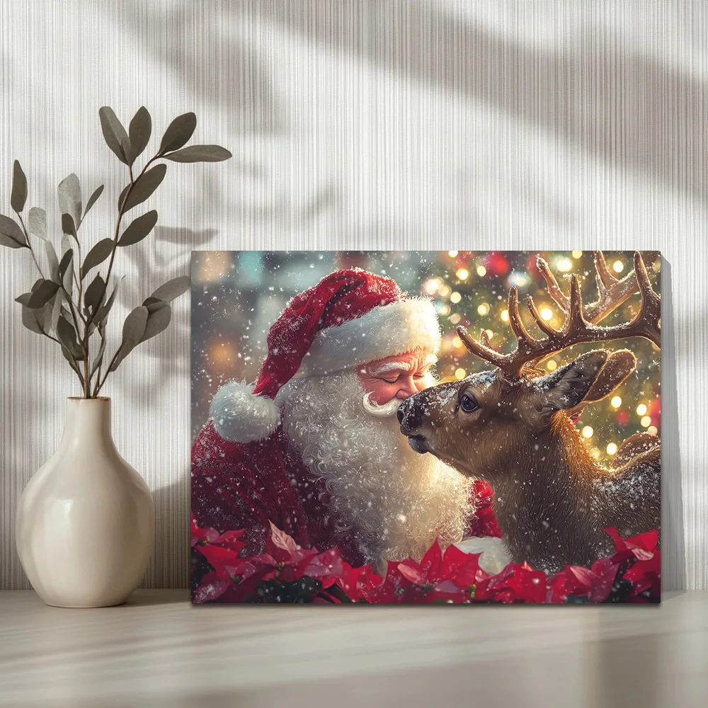 1pc,Santa Claus Caresses The Deer's Head H,  Waterproof Wall Painting Poster Picture Art,Holiday Gift,  Framed, 16x12inch