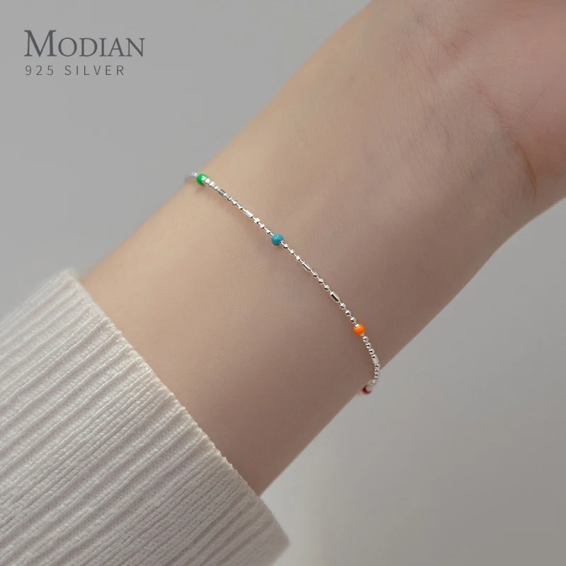 Modian Authentic 925 Sterling Silver Rainbow Color Fashion Bracelet Thin Bead Chain Bracelet For Women Fine Female Jewelry