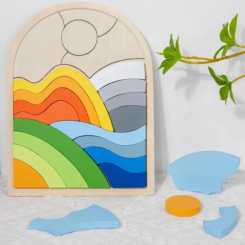 Rainbow Jigsaw Puzzle Rainbow Puzzle Montessori Matching Game Wooden Toddler Puzzles Educational Toys 3D Colorful Brain Teaser