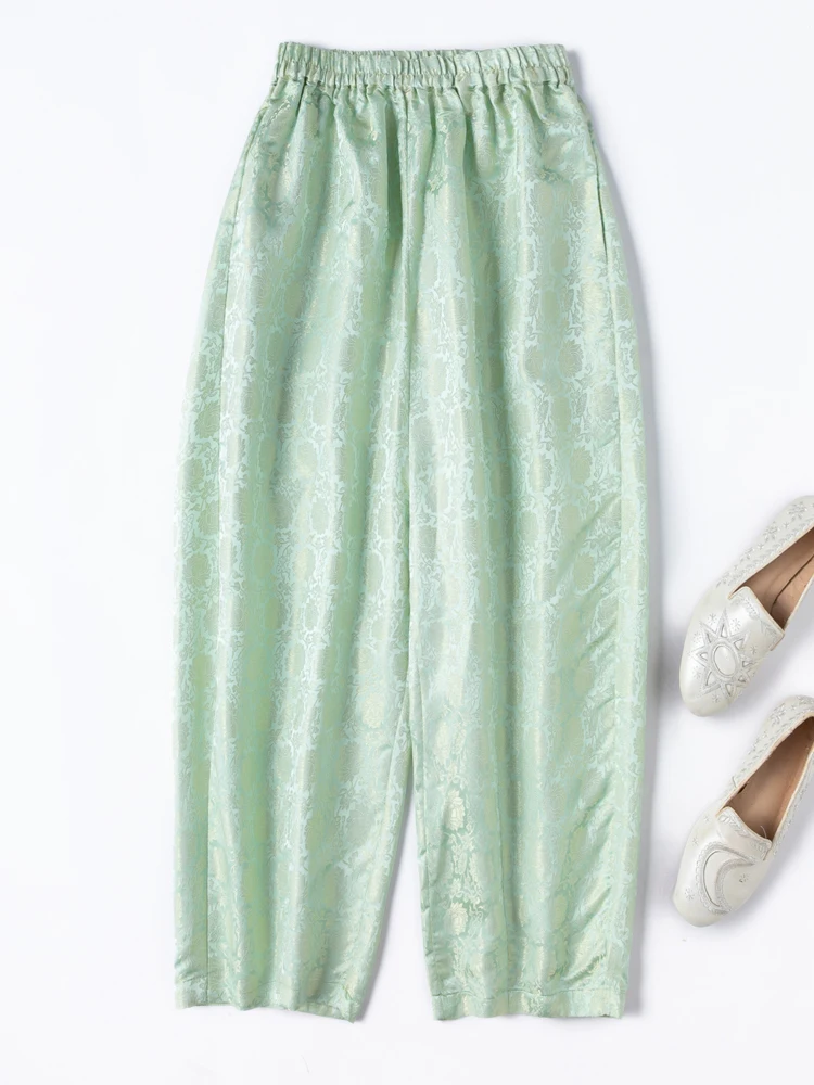 Woven Gold Jacquard Satin 30MM Heavy-duty 100% Natural Mulberry Silk Elastic Waist Loose Women's Casual Mint Green Harem Pants