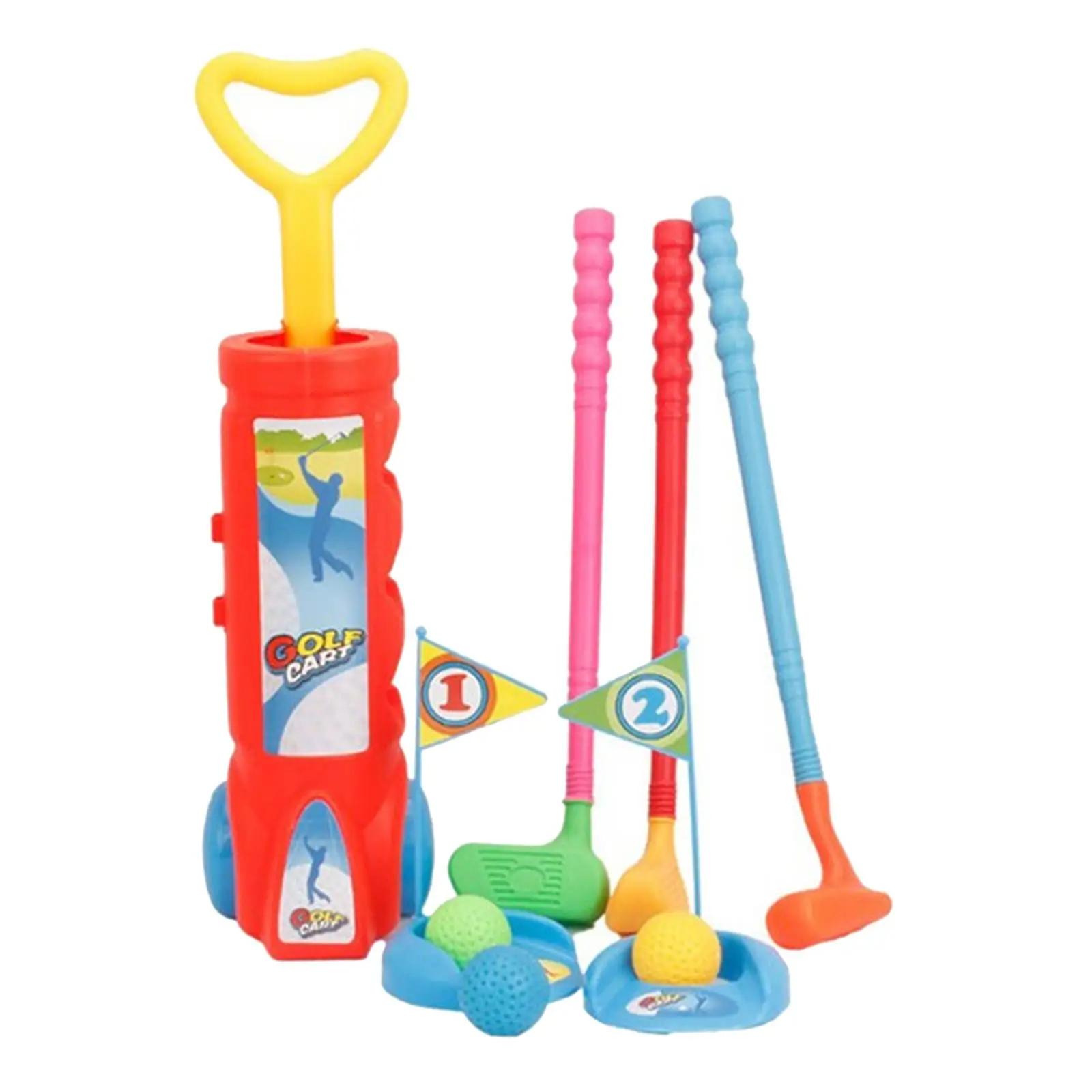 Kids Mini Golfs Rod Toy with 2 Practice Holes, 3 Golfer Clubs, Ball, Flags. Outdoor Game Toy Set