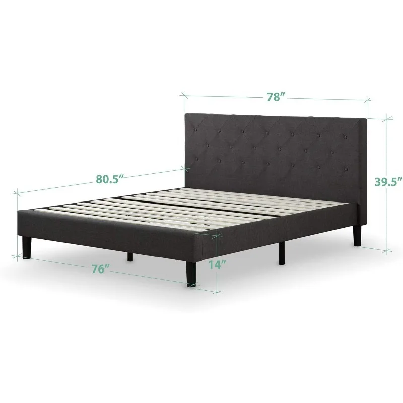 Gestoffeerd Platform Bedframe, Matrasfundering, Houten Lamellensteun/Geen Boxspring Nodig, Eenvoudige Montage, Donker Grijs, Koning