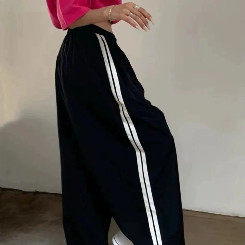 American Retro Quick Drying Drawstring Elastic Waist Side Striped Line Safari Pants Woman Loose Unisex Trousers Long Cargo Pants