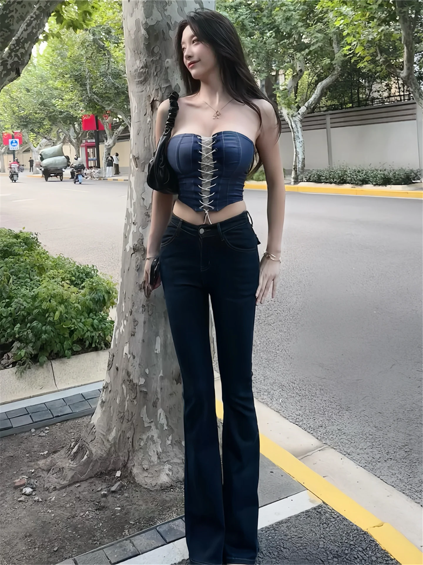 

American Street Style Deep Blue V Waist Flared Jeans Women's Spring Slimming Tall Extended Low Waist Pants Cotton Blend