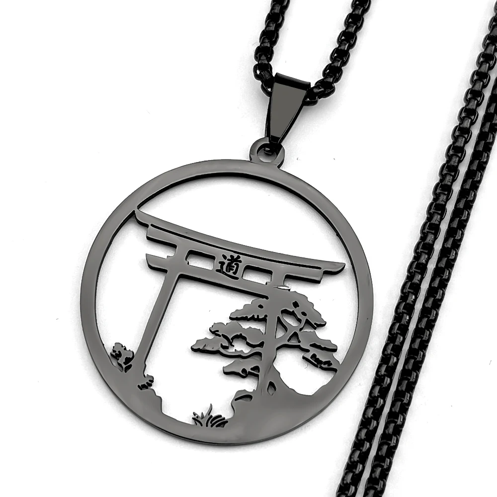Bonsai-Kiefer-Torii-Tor-Wandkette für Damen und Herren, Edelstahl, silberfarben, japanischer Taoismus, Enso-Halskette, Schmuckzubehör – Detail 5