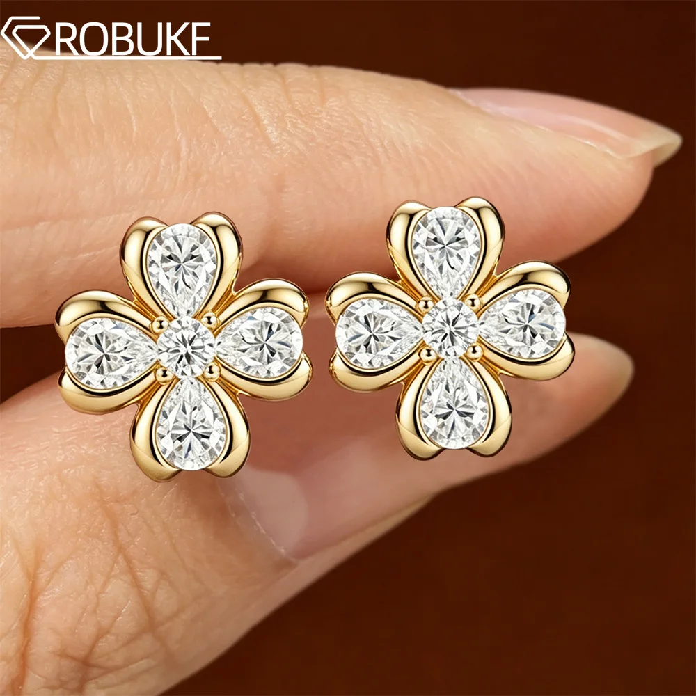 18K Gold Plated 2.52cttw All Moissanite Stud Earring For Women Pear/Round Cut Diamond 925 Sterling Silver Flower Wedding Jewelry