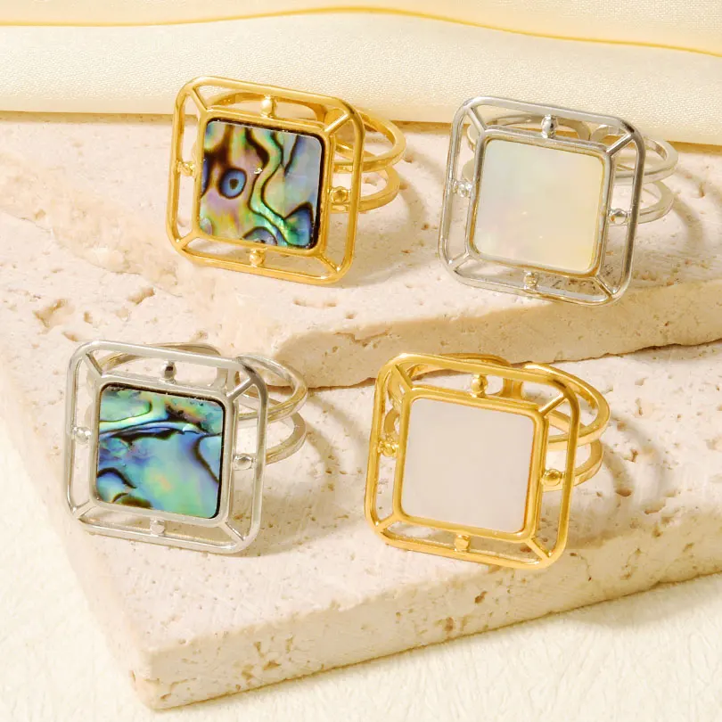 خمر جولة البيضاوي مربع أذن البحر الطبيعية قذيفة الدائري الفولاذ المقاوم للصدأ مفتوحة قابل للتعديل خواتم الاصبع مجوهرات هدايا للنساء الفتيات #6