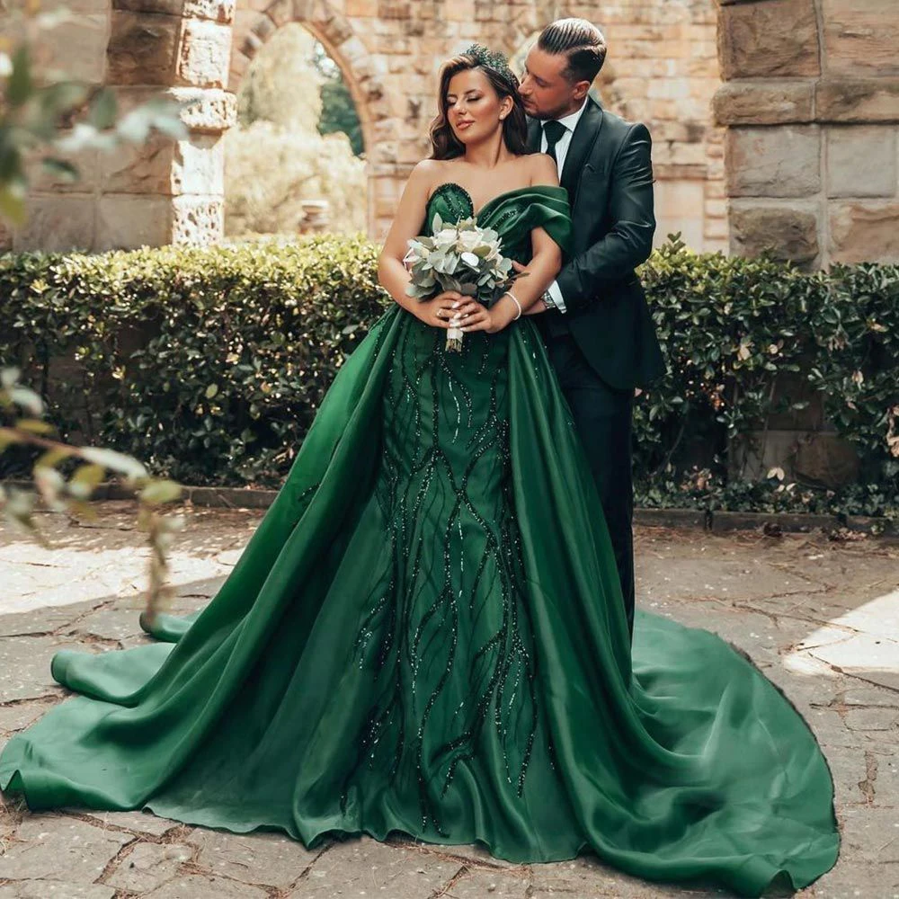 Vestidos De Noche De sirena verde esmeralda, Vestido De un hombro con pedrería para ocasiones especiales, Vestido De Organza De tren desmontable