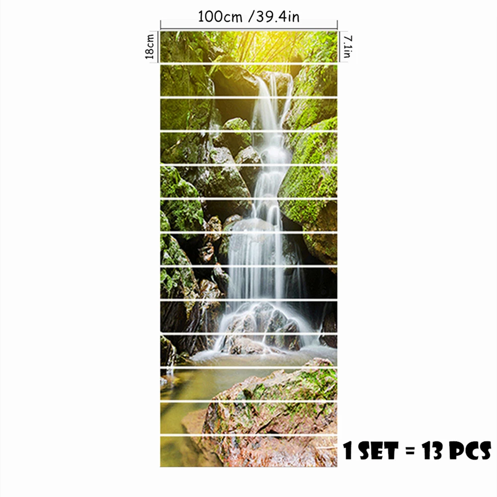13Pcs 100x18cm Waterfall Forest Stair Riser Stickers Peel & Stick Vinyl Decals Removable Murals for Loft Villa Home Stair Decor