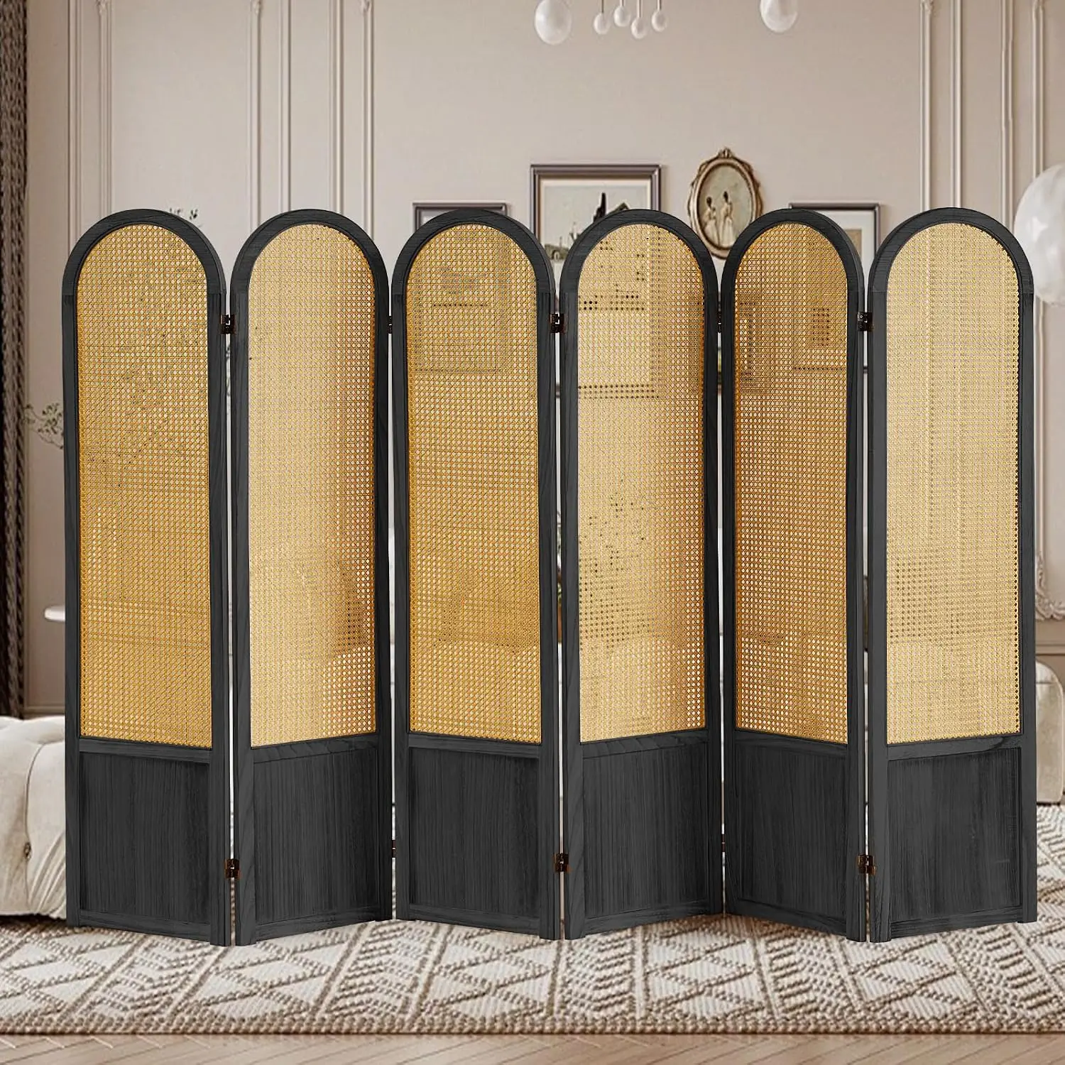 6 Panel Rattan Room Divider Folding Privacy Screen Solid Wood Frame Partition Bedroom Lounge Black, Customized