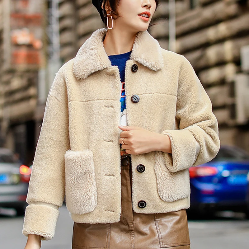 

Winter Light Luxury Sheep Shearling Manteau Femme Short Fur One Chaqueta Mujer Australian Granule Cashmere Real Fur Coat Warm