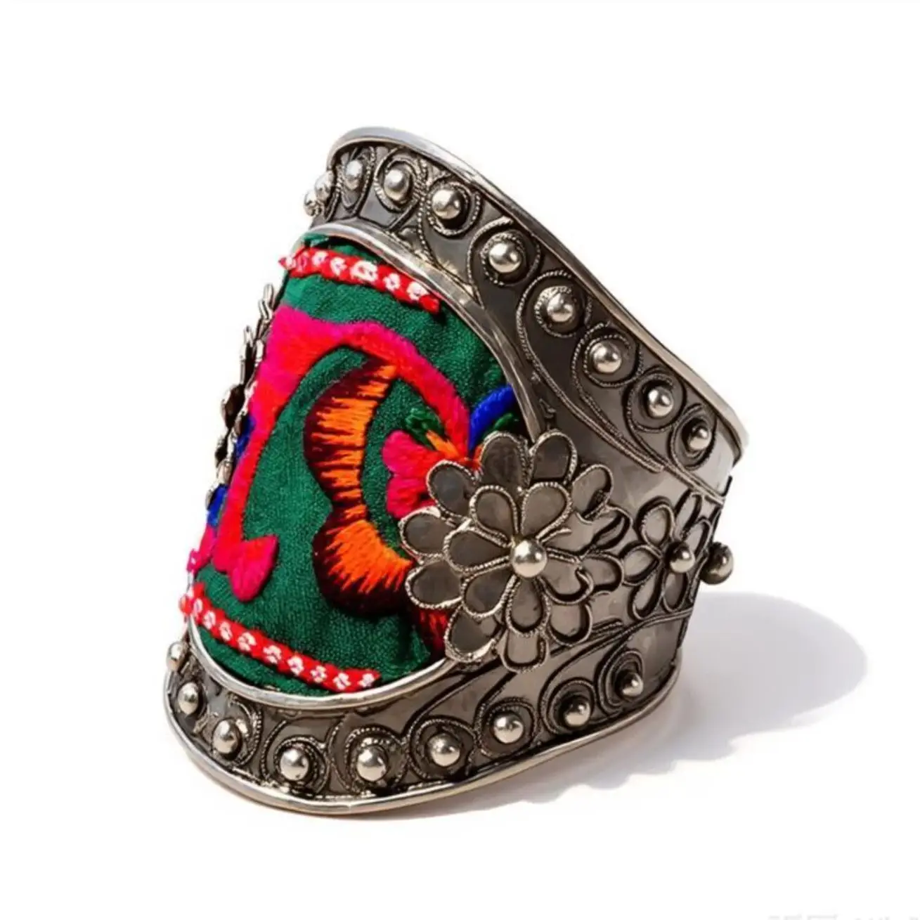 Yunnan Indigenous Vintage Old Miao Embroidery Bracelet Personalized Miao Silver Wide Cuff Bracelet Color Pattern Random